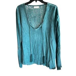 Anthropologie Altard State Stone Wash Jade Green Tassels lace bell sleeve Size L